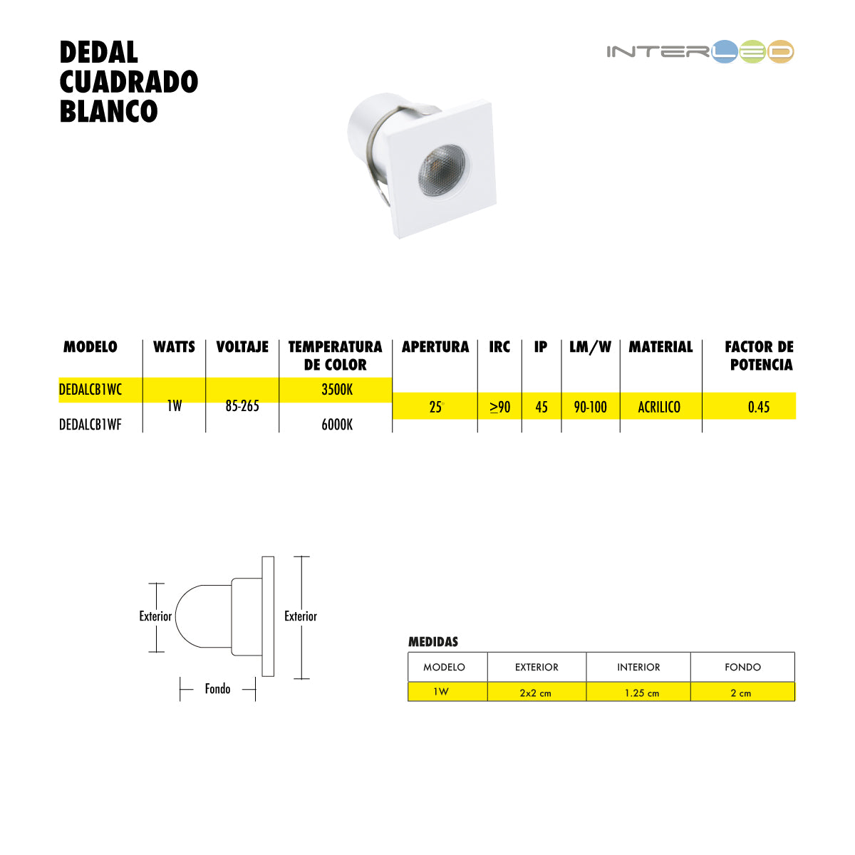 Interled Dedal Luz LED Cuadrado Blanco Interled Mexico/Morralitos